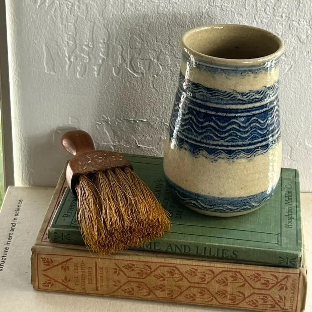 Studio Art Pottery Handmade Jar Vase Signed Ivory Blue Striped Zig Zag 5.5”